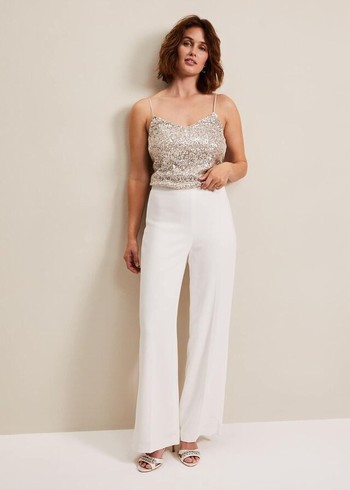 Phase Eight Beatriz Satin Wide Leg Bridals Trousers White Canada | IEYOUJ-706